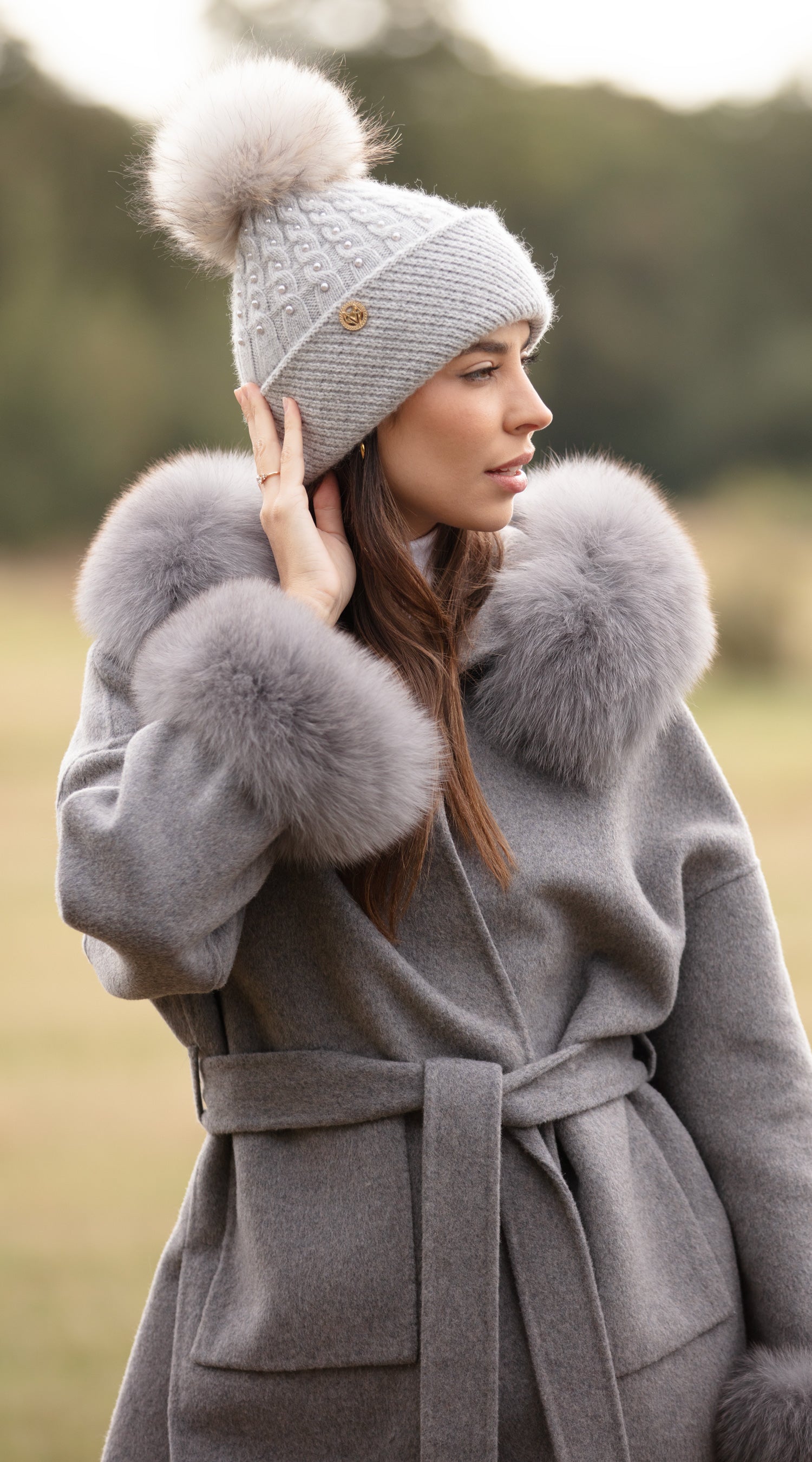 The London Cashmere Fur Cuffed Belted Coat Grey – Luxy London