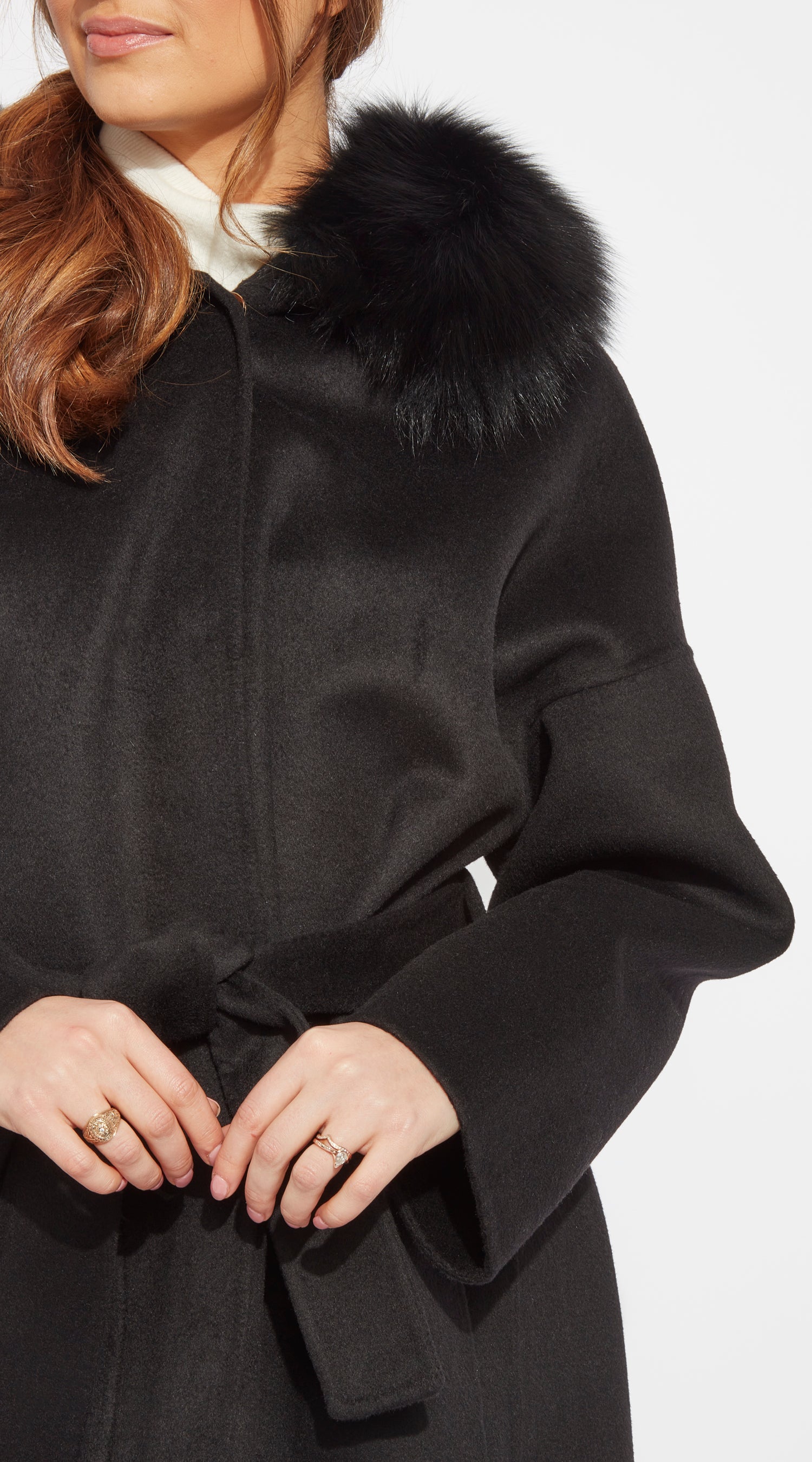 The Midi London Cashmere & Fox Fur Belted Coat - Black