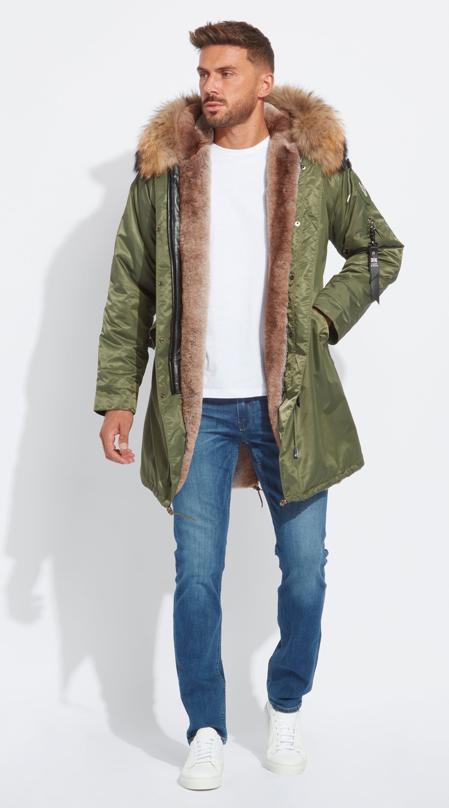 Mens Khaki Water-Repellent Luxy Fur Parka 3/4 Natural – Luxy London