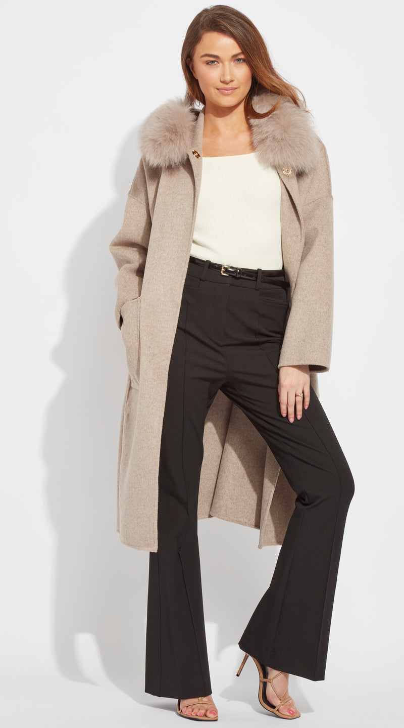 The Midi London Cashmere & Fox Fur Belted Coat - Taupe
