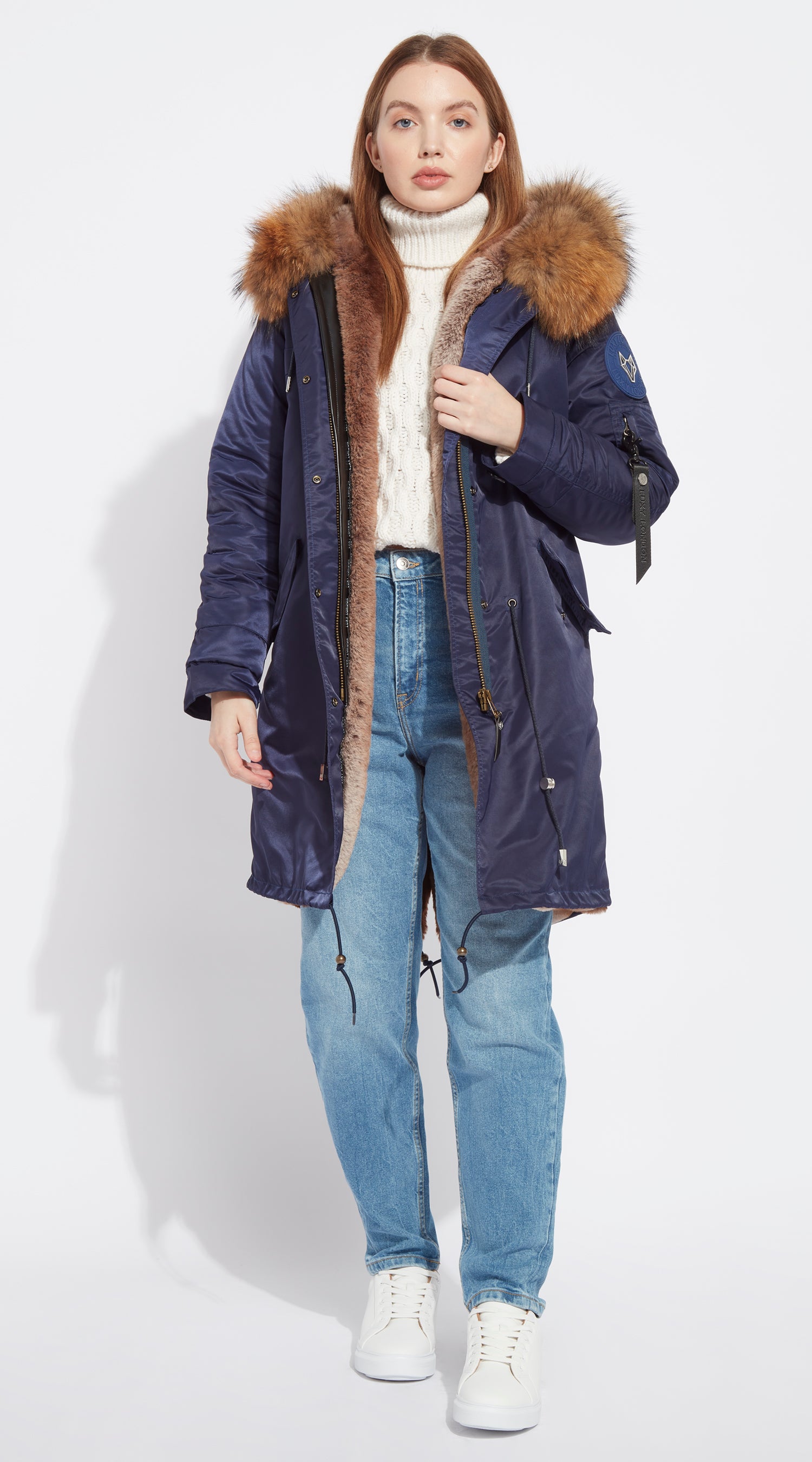 Womens Navy Water-Repellent Luxy Fur Parka 3/4 Natural – Luxy London