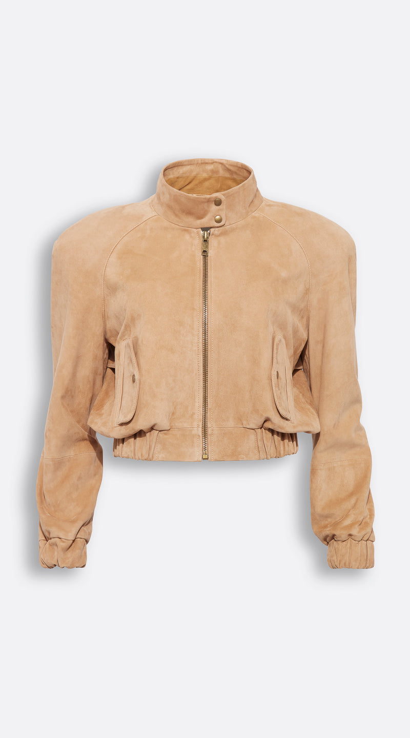 Luxy Suede Cropped Bomber - Light Beige