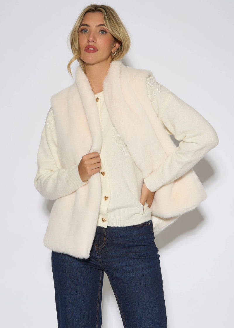 Ecru Faux Fur Midi Gilet