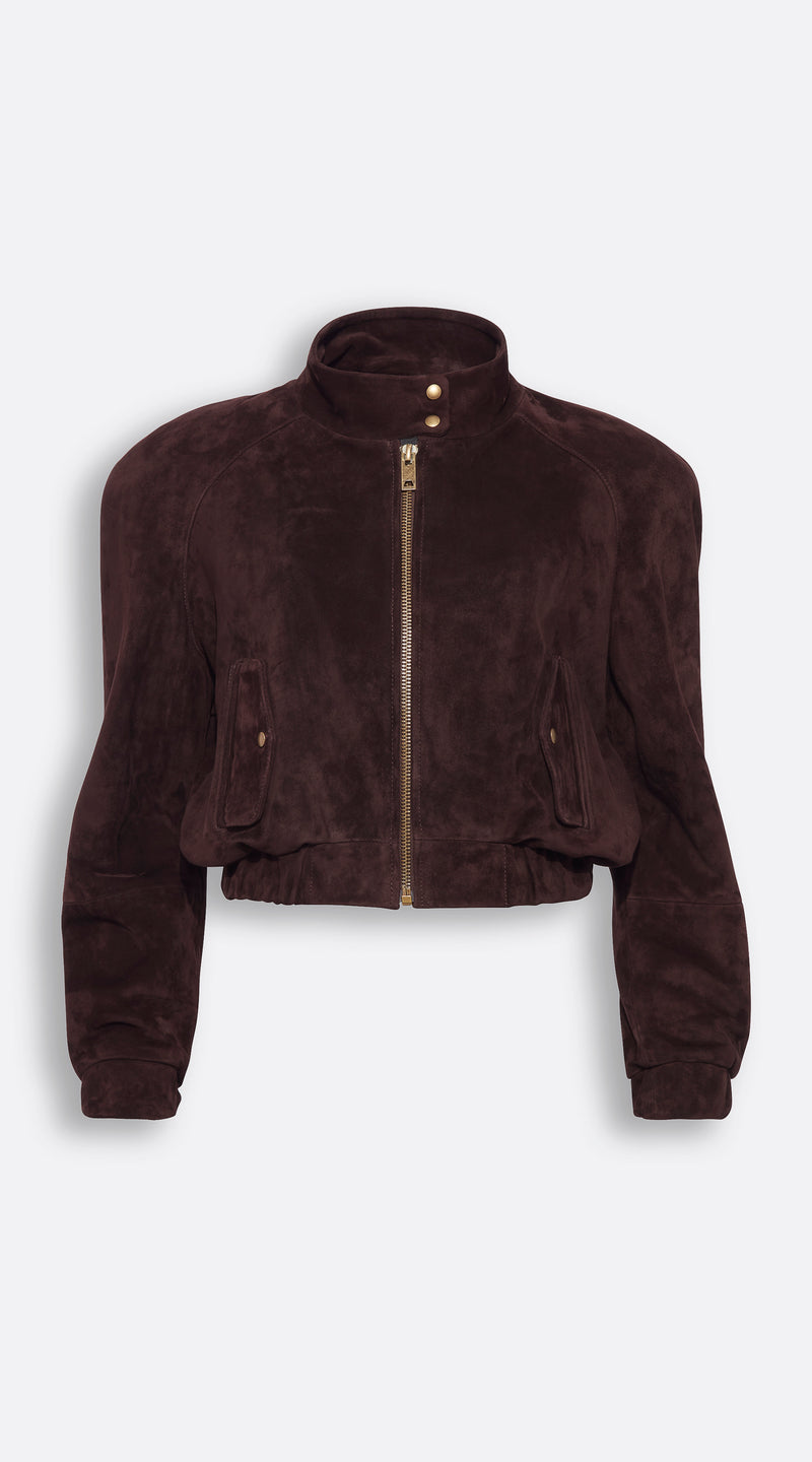 Luxy Suede Cropped Bomber - Brown