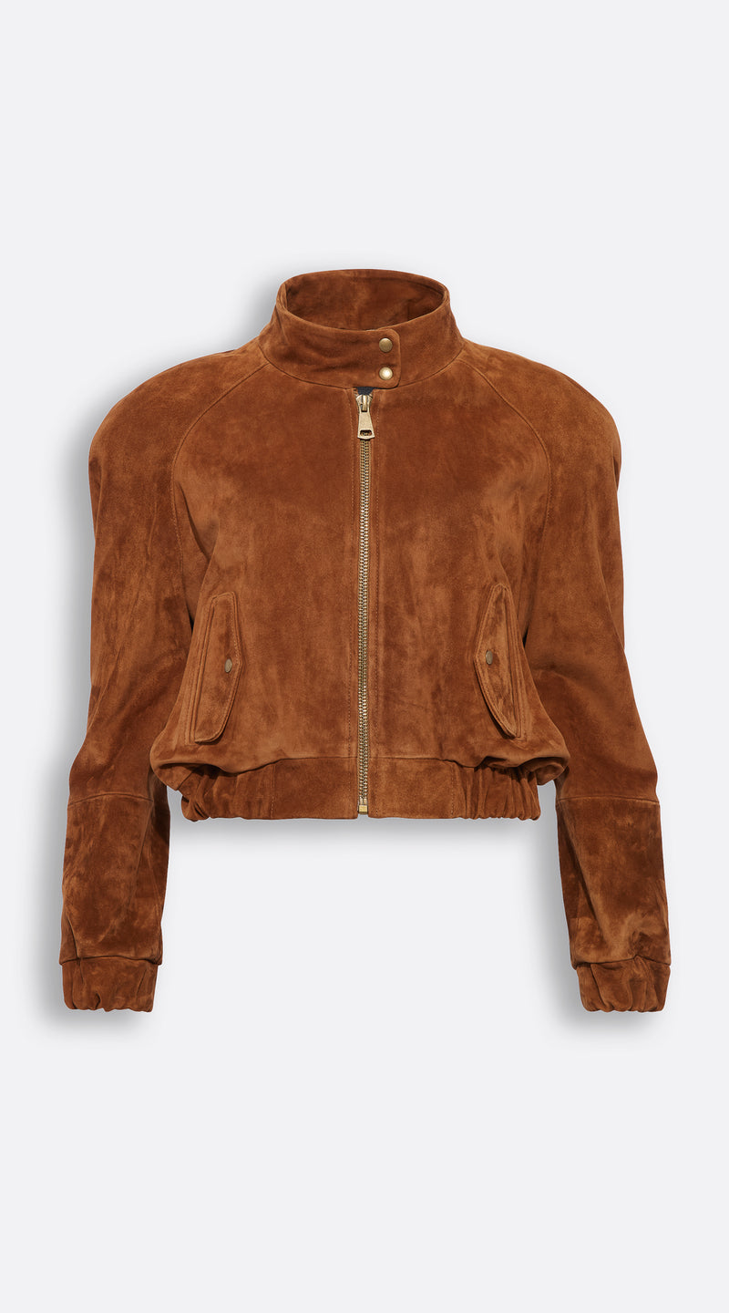 Luxy Suede Cropped Bomber - Tan