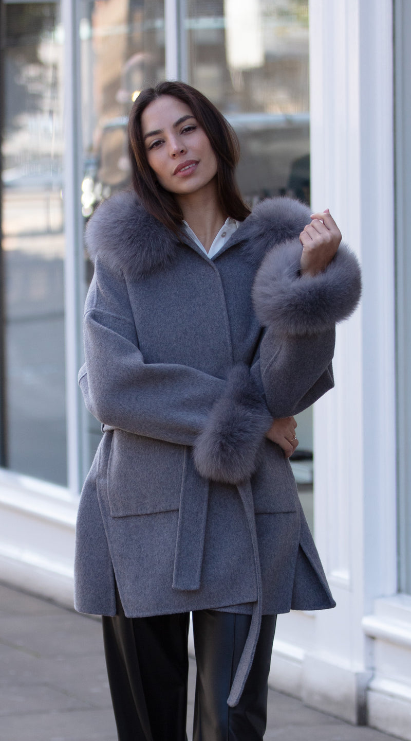 Cashmere Grey Coat With Belt And Fur Hood Reversible Cashmere Coat