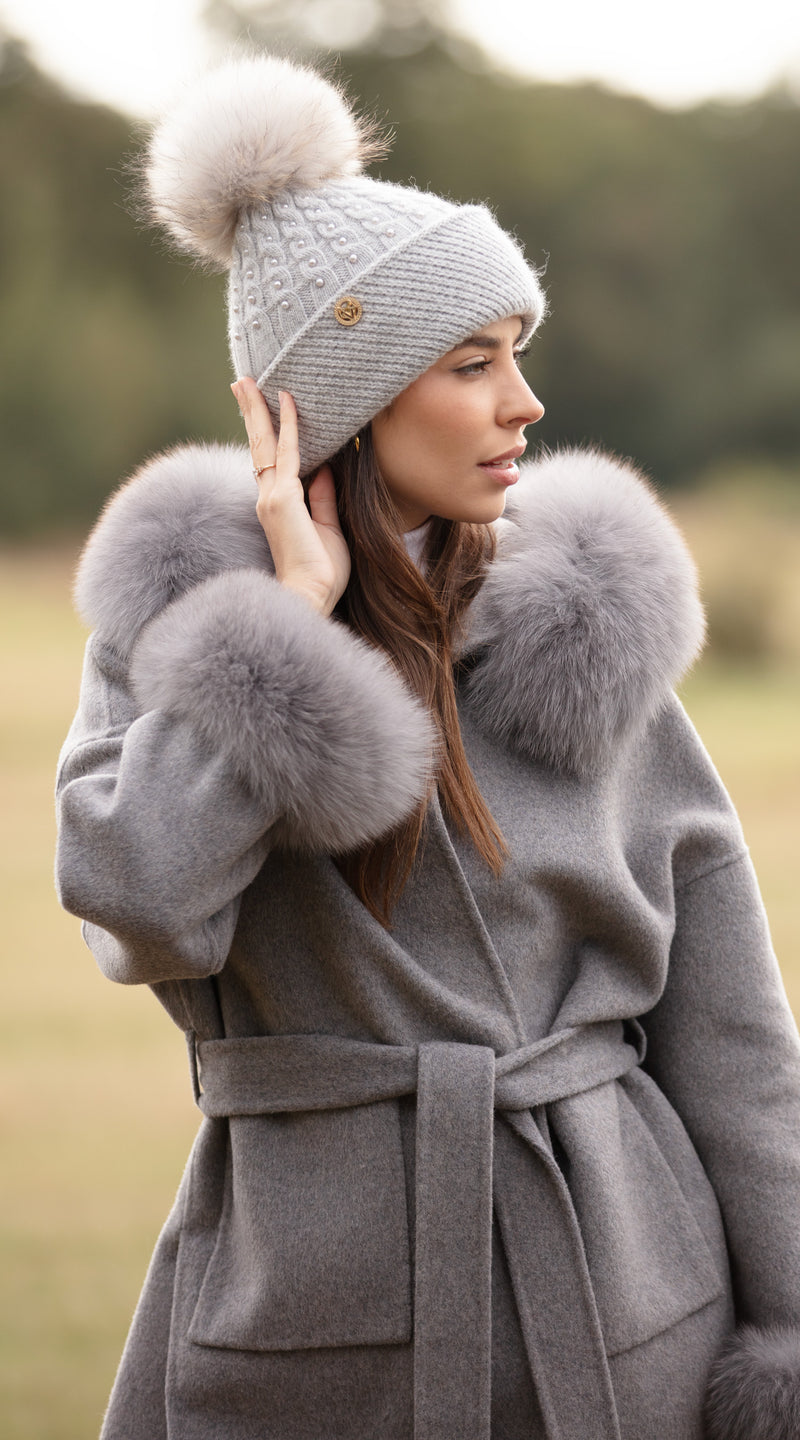 The London Cashmere & Fur Cuffed Belted Coat - Grey