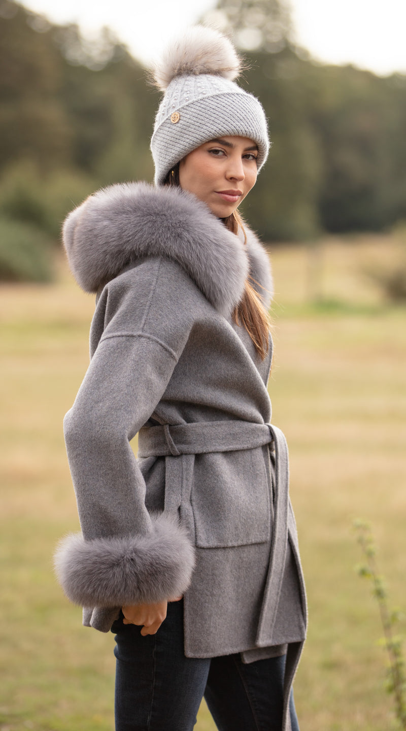The London Cashmere & Fur Cuffed Belted Coat - Grey