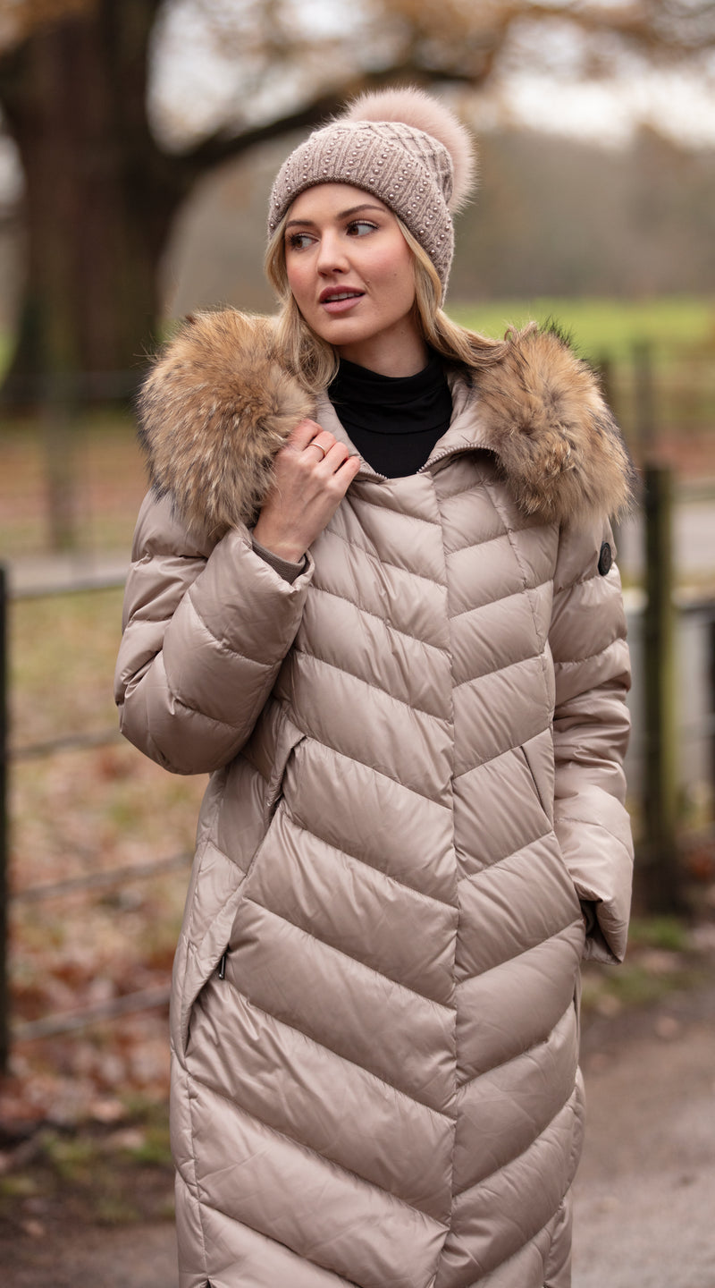 Luxy Midi Water-Repellent Down Jacket - Taupe/Natural
