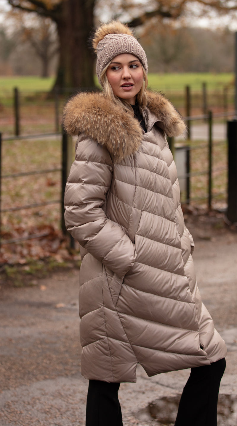 Luxy Midi Water-Repellent Down Jacket Taupe/Natural – Luxy London