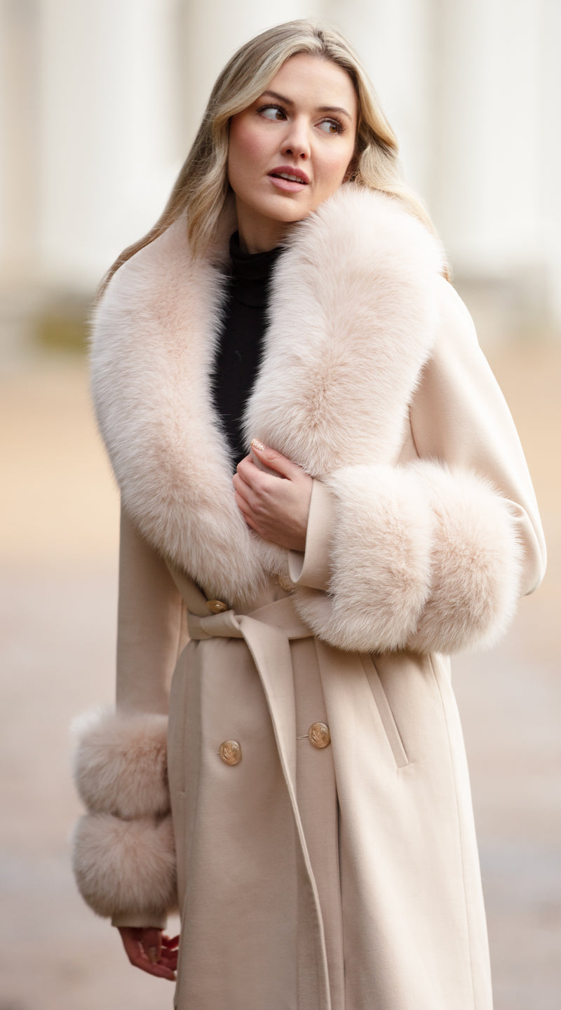 Supreme Luxy Cashmere & Fox Fur Belted Coat - Beige