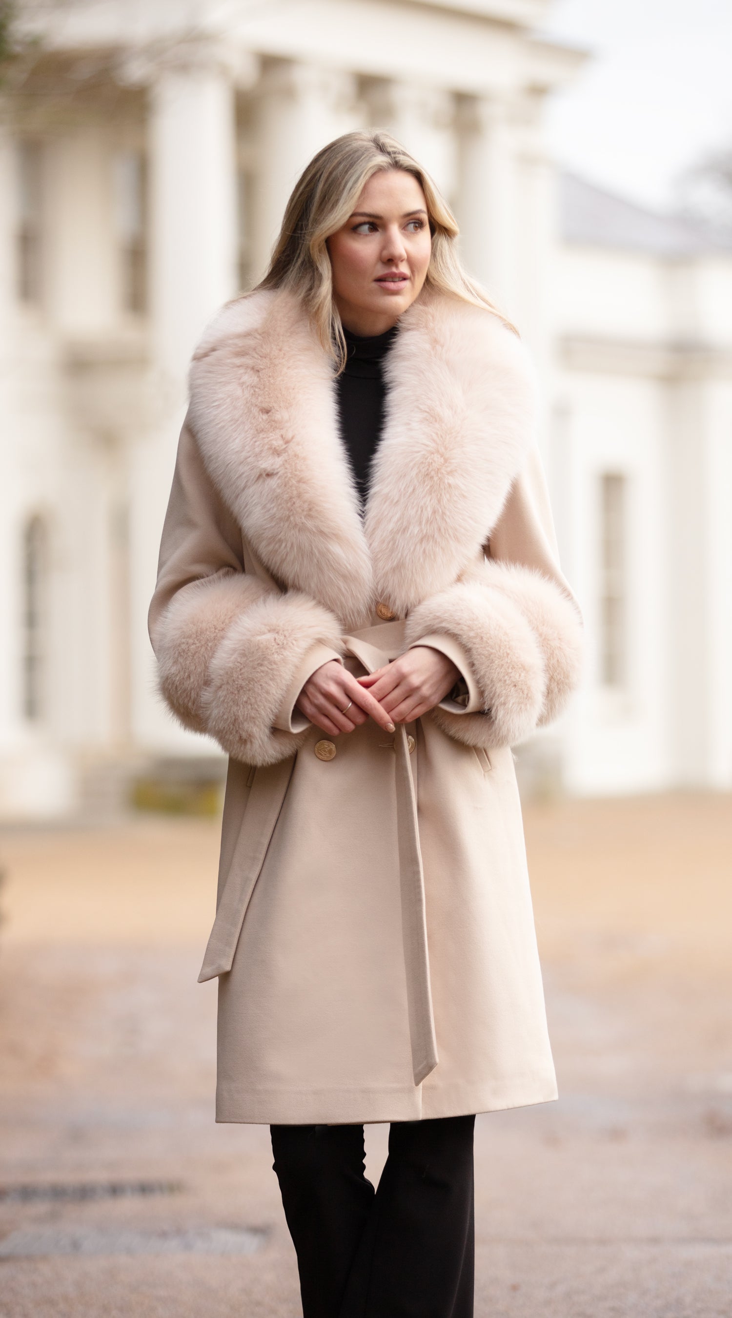 Supreme Luxy Cashmere & Fox Fur Belted Coat - Beige