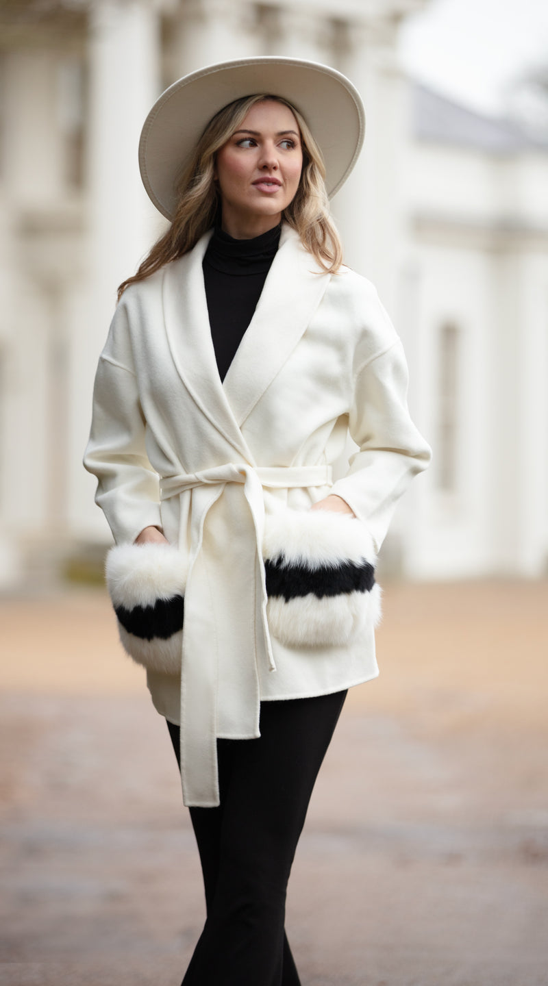 Cashmere & Fur Belted Coat - Milk
