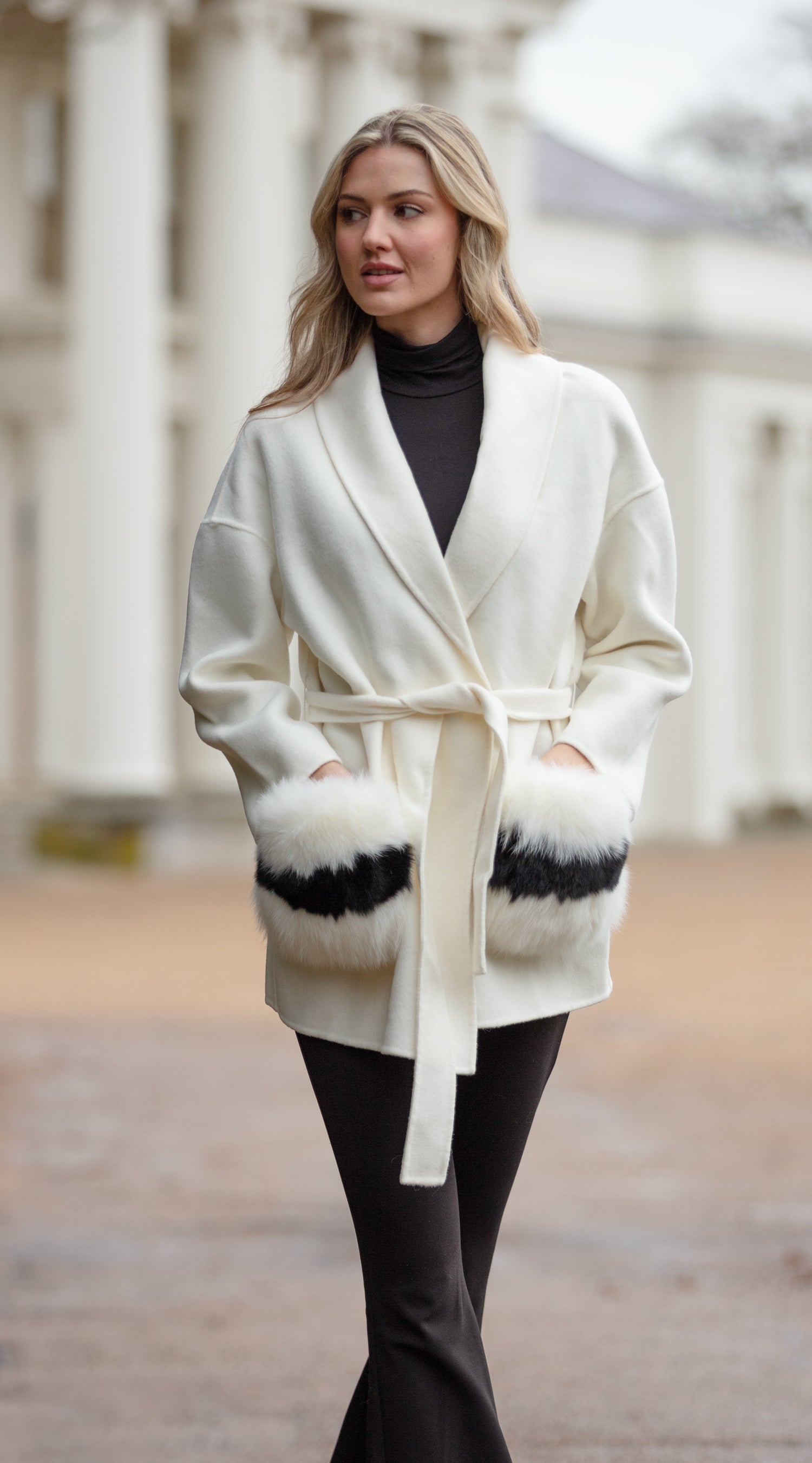 Cashmere & Fur Belted Coat - Milk