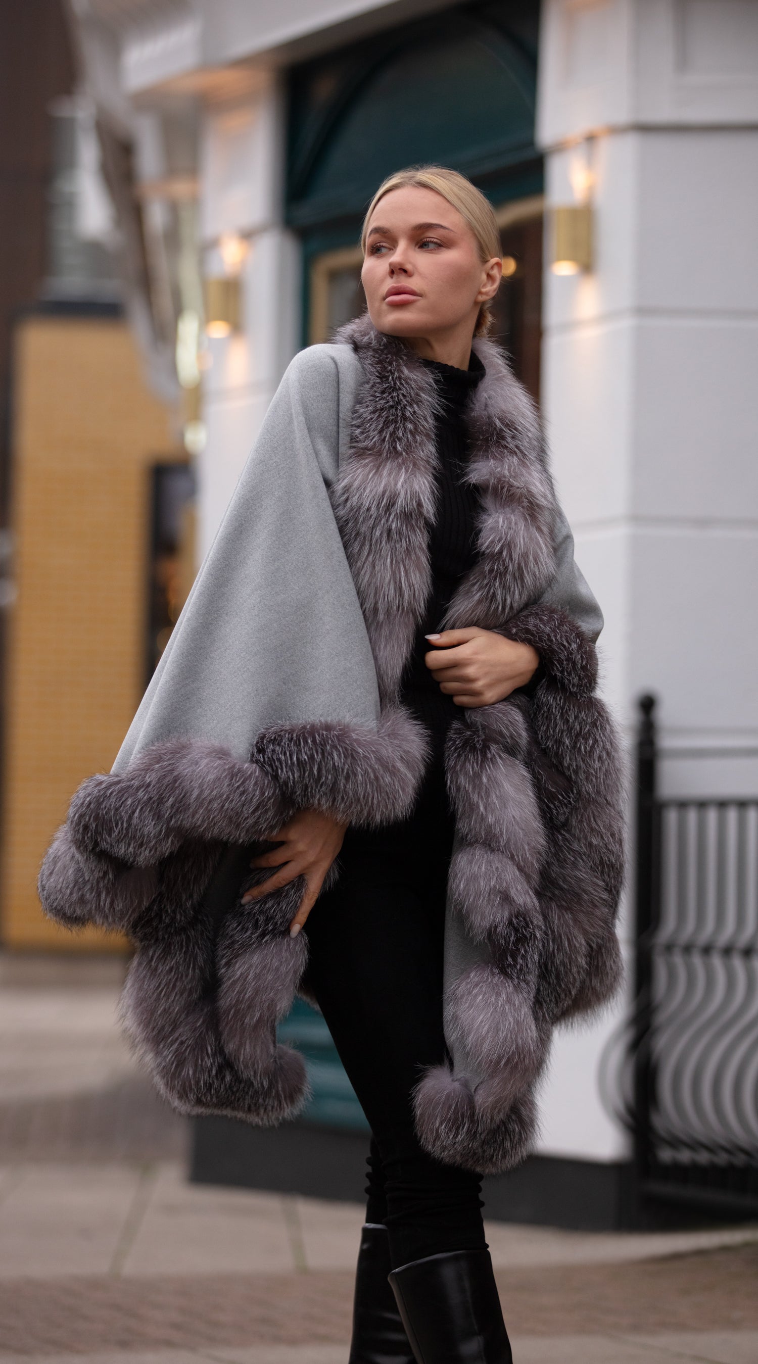 Limited Edition Cashmere & Frost Fox Fur Spiral Cape - Grey