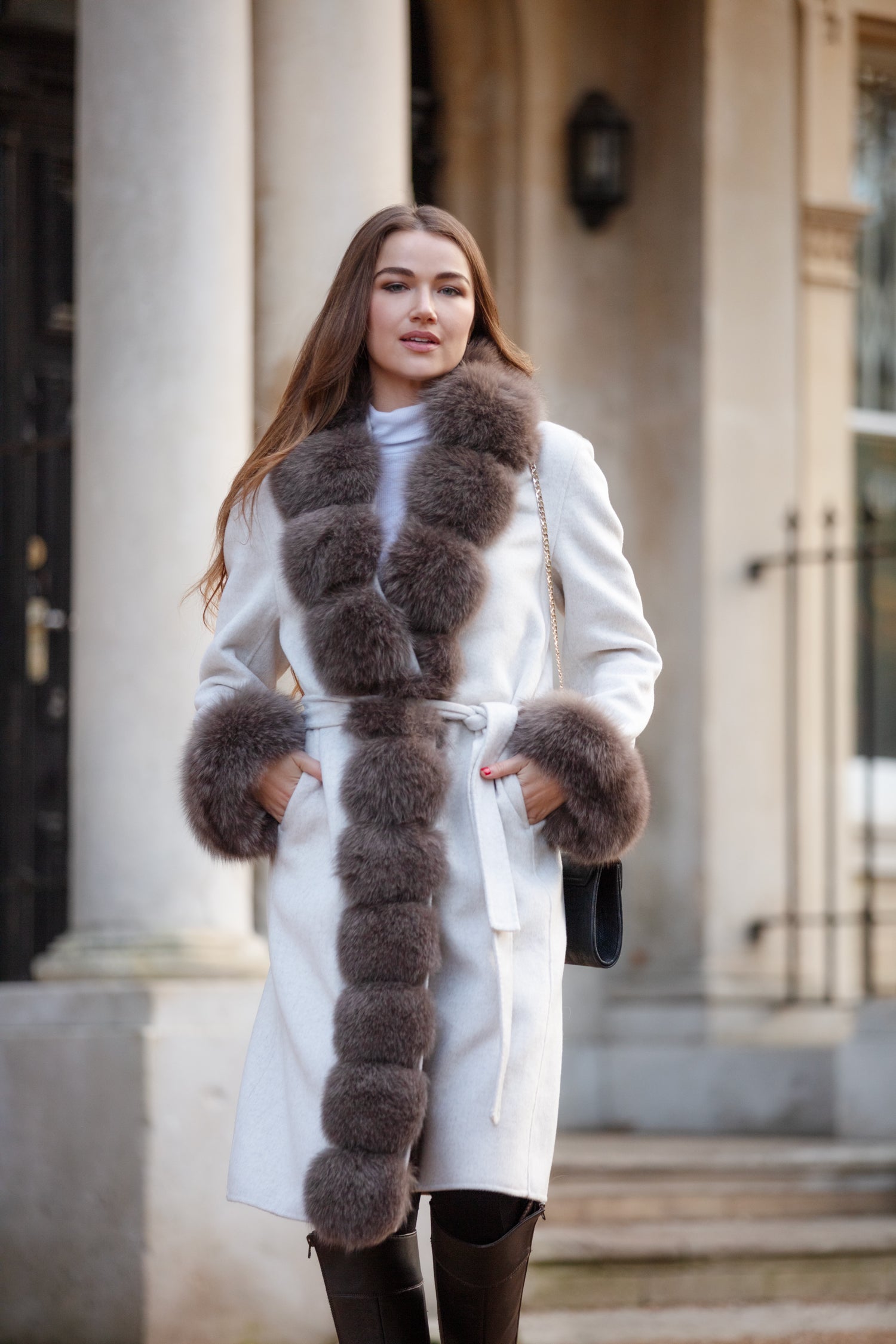 Cashmere &  Fox Fur Midi Belted Coat