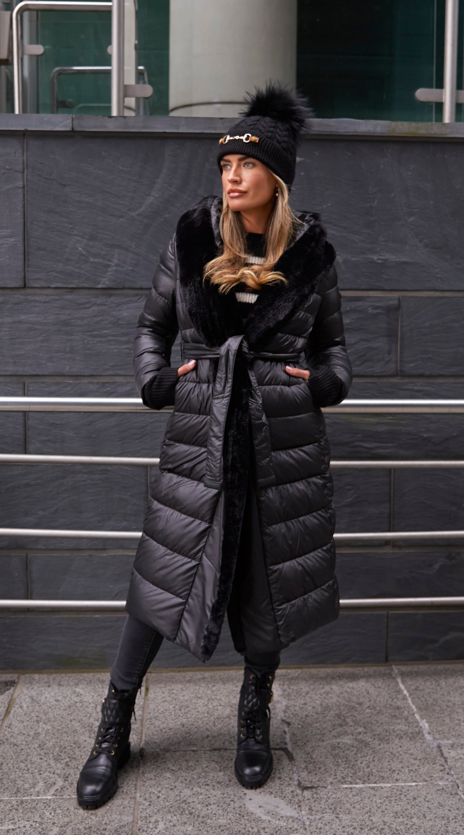 Women Plus Size Faux Fur Trimmed Knee Length Padded Coat - Winter