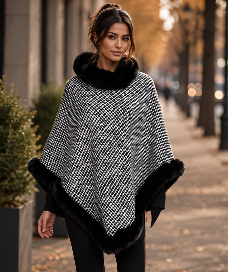 Houndstooth Faux Fur Trimmed Poncho - Black
