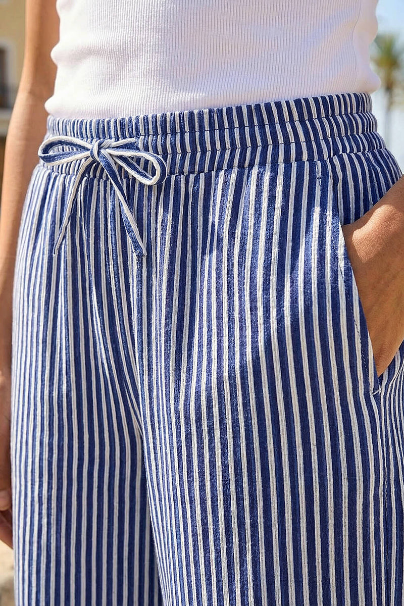 Striped Wide Length Linen Trousers