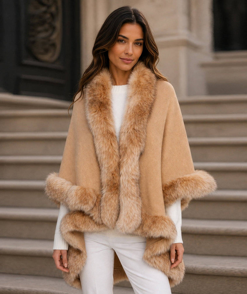 Anabelle Faux Fur Trim Tiered Cape - Tan