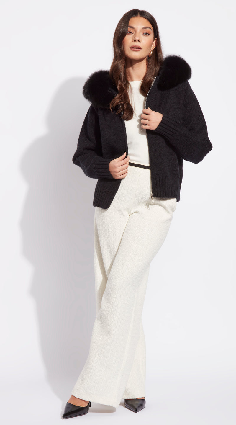 Luxy Knitted Zip Through Fur Hoodie - Black