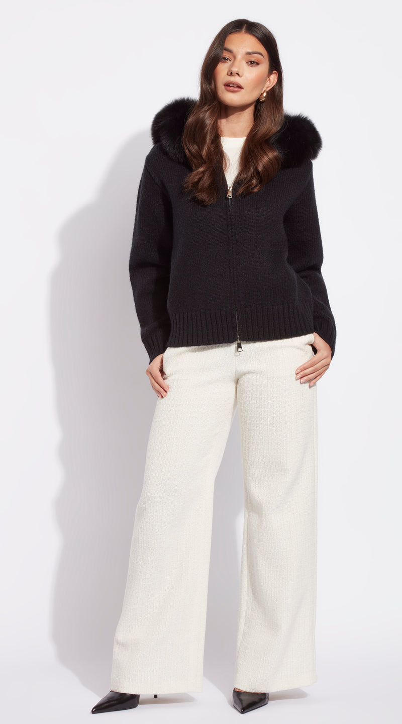 Luxy Knitted Zip Through Fur Hoodie - Black