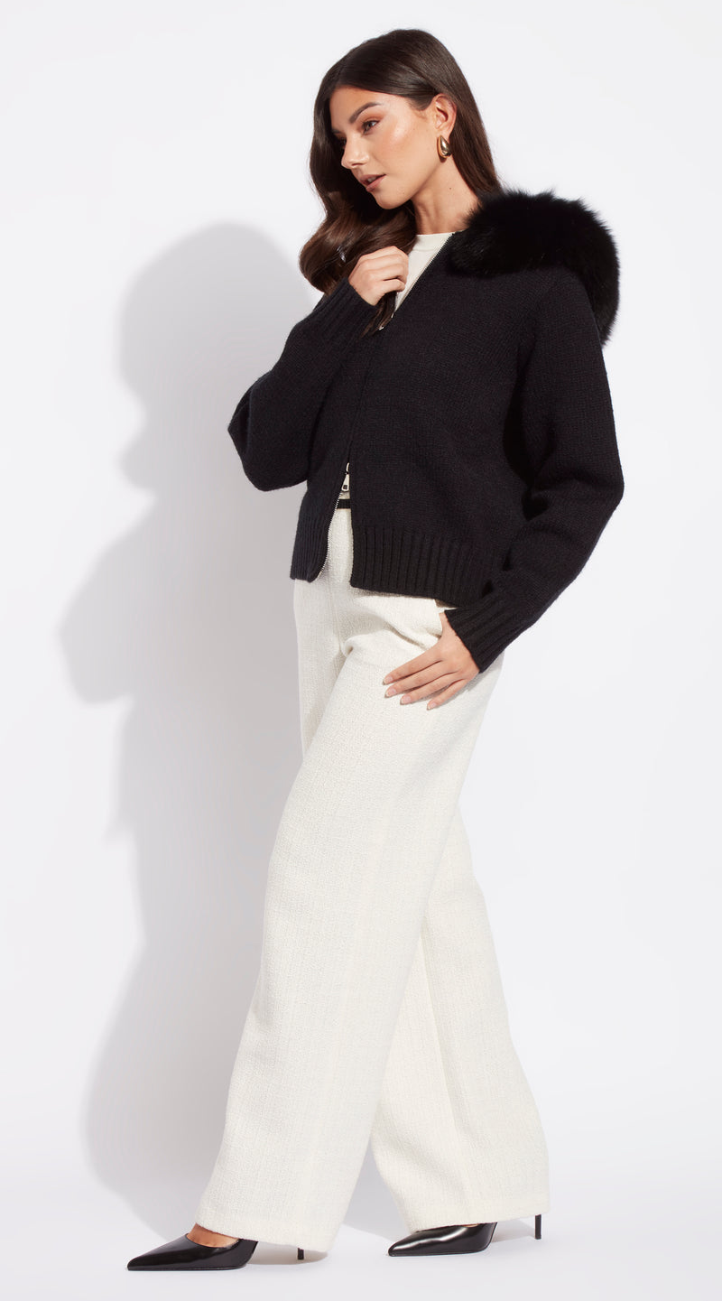 Luxy Knitted Zip Through Fur Hoodie - Black
