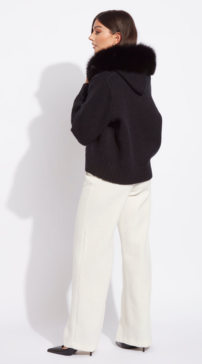 Luxy Knitted Zip Through Fur Hoodie - Black