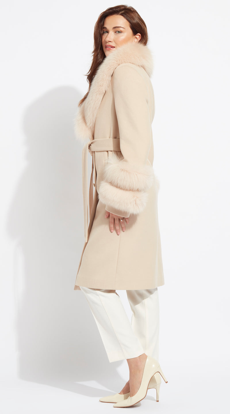 Supreme Luxy Cashmere & Fox Fur Belted Coat - Beige