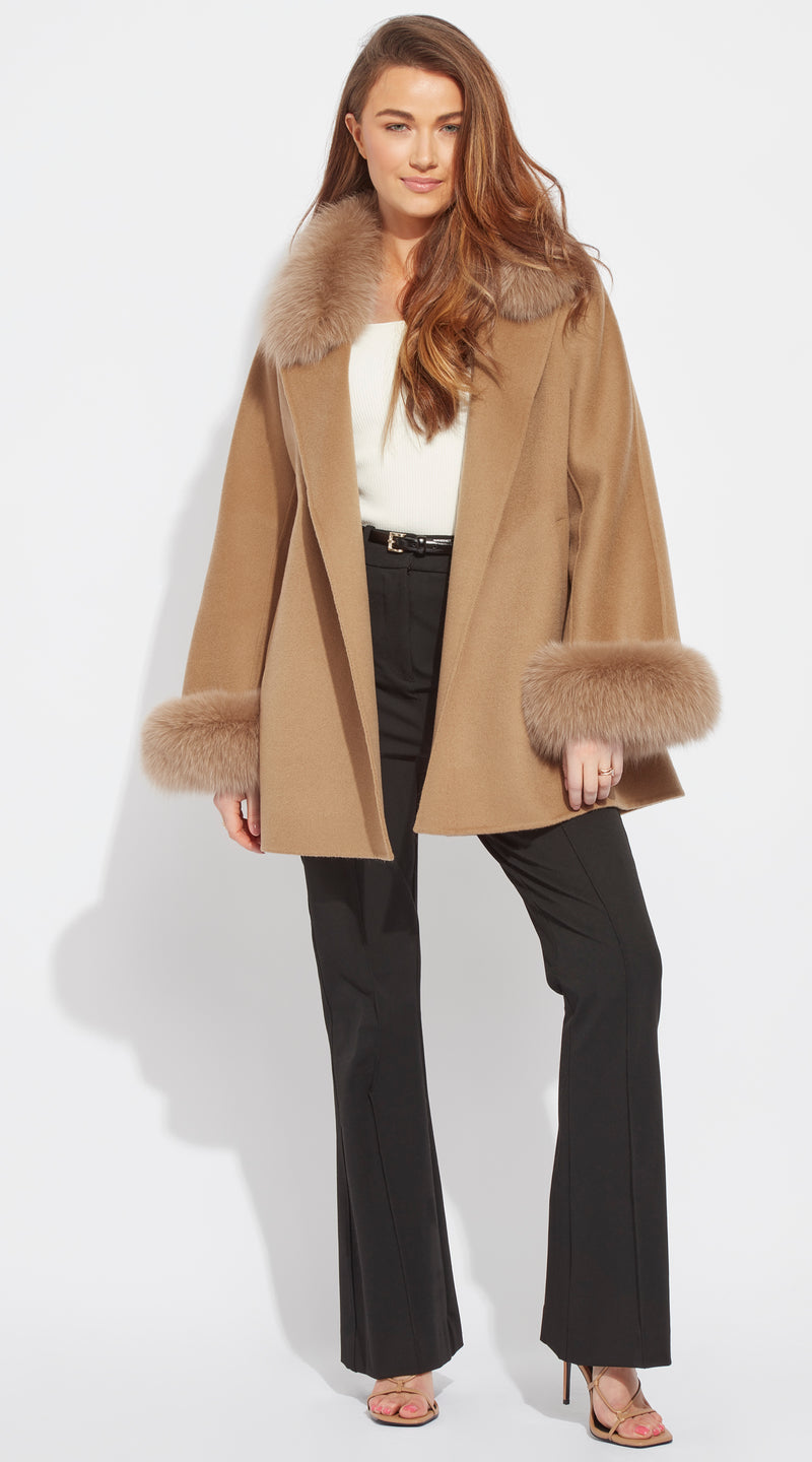 Luxy Cashmere & Fox Fur Belted Wrap Coat - Camel
