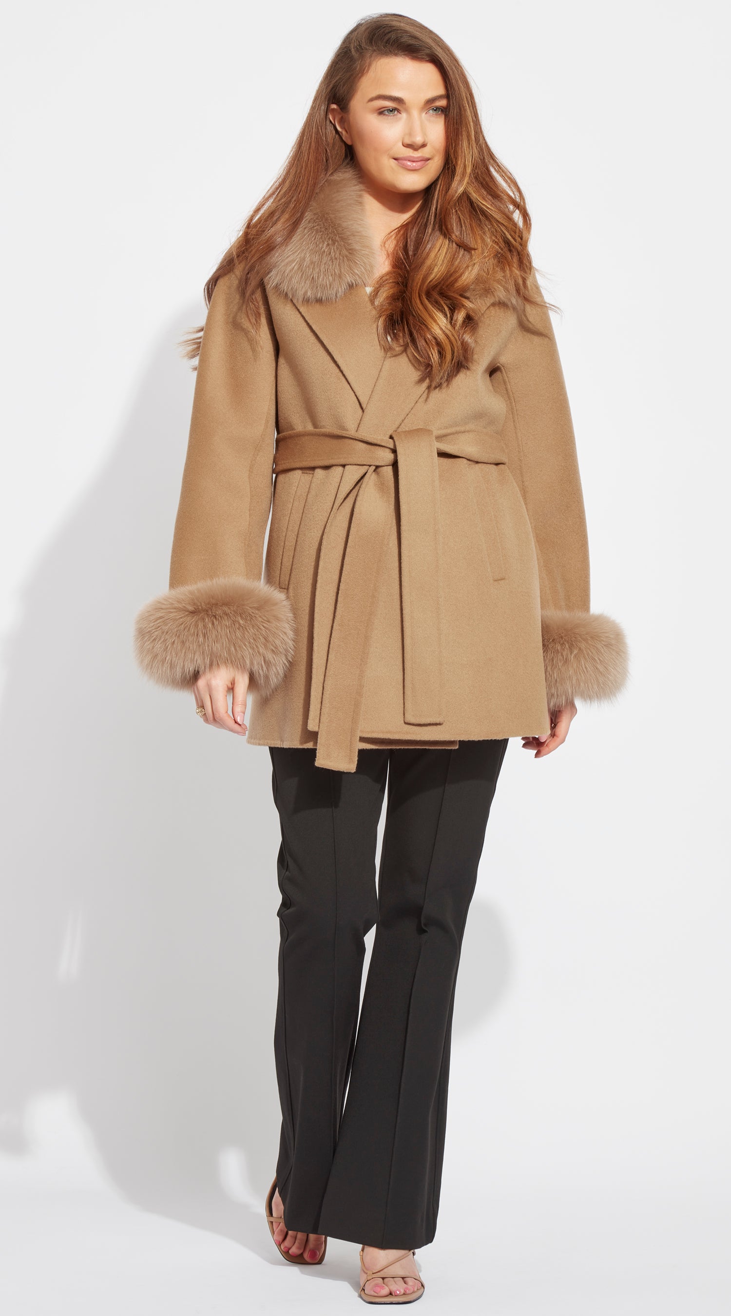 Luxy Cashmere & Fox Fur Belted Wrap Coat - Camel