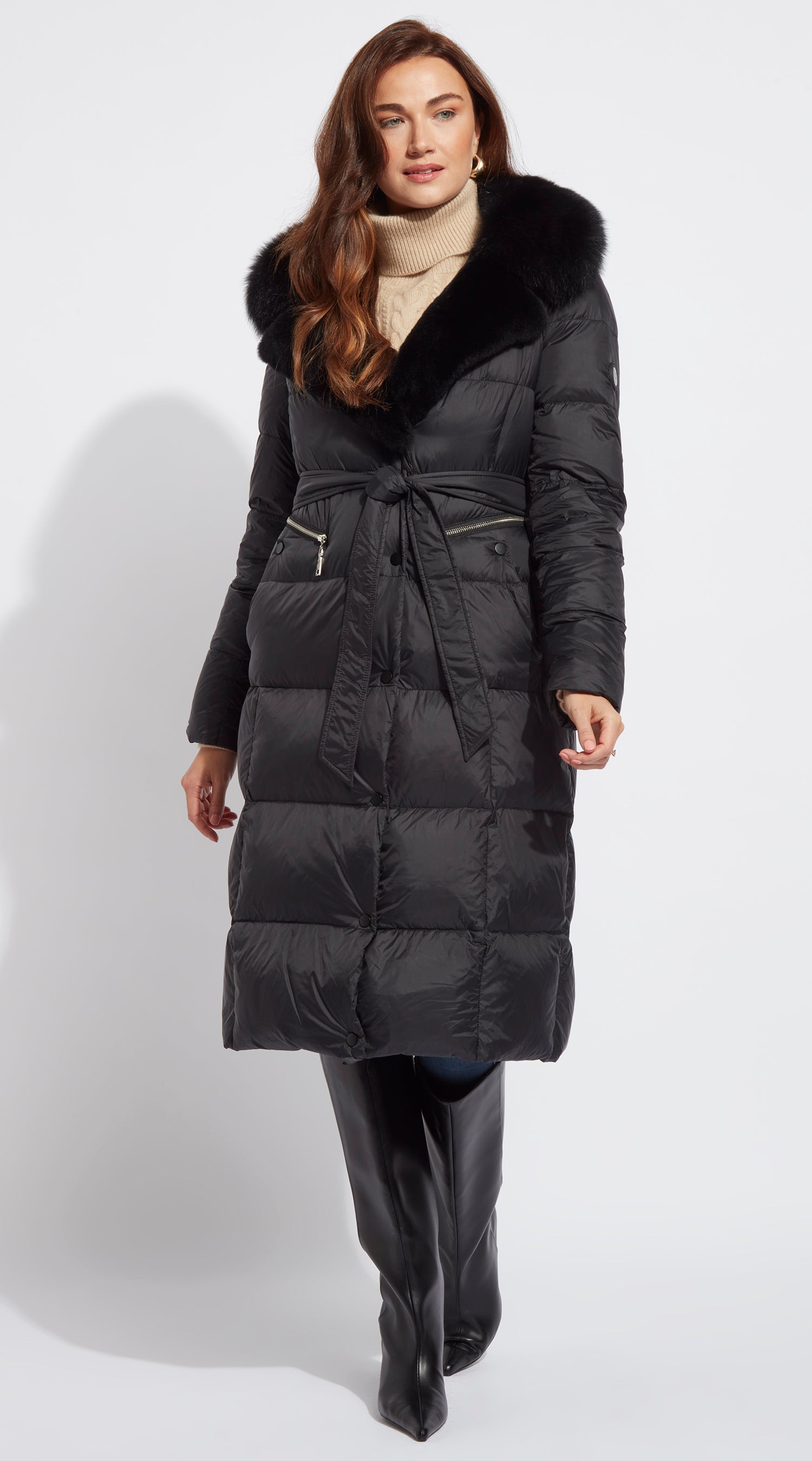 Luxy Lapel Collar Water-Repellent Down Coat - Black