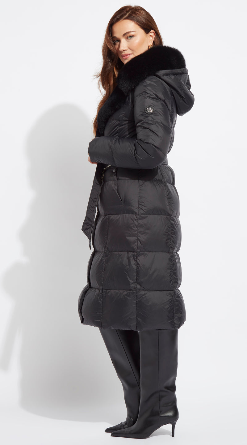 Luxy Lapel Collar Water-Repellent Down Coat - Black