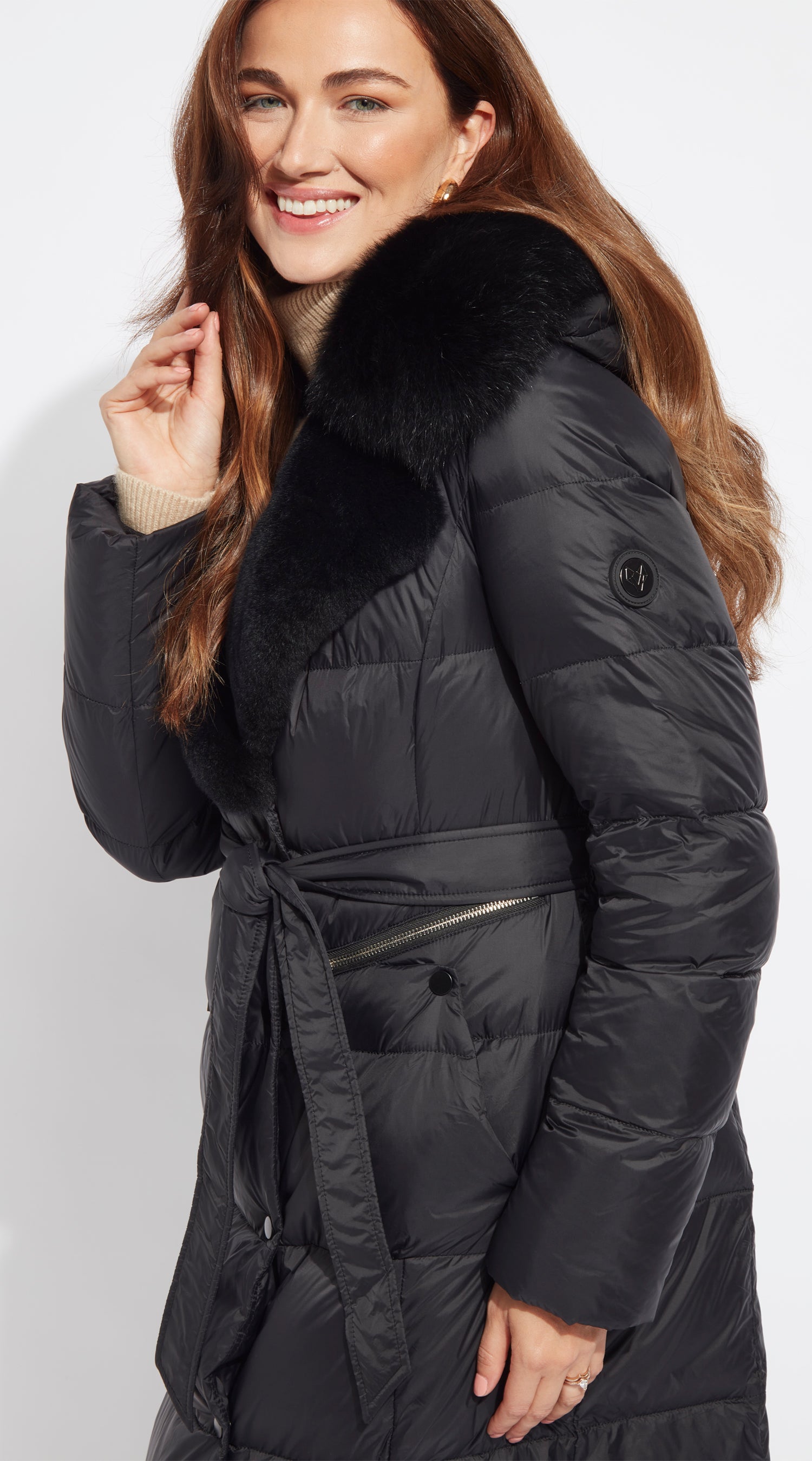 Luxy Lapel Collar Water-Repellent Down Coat - Black