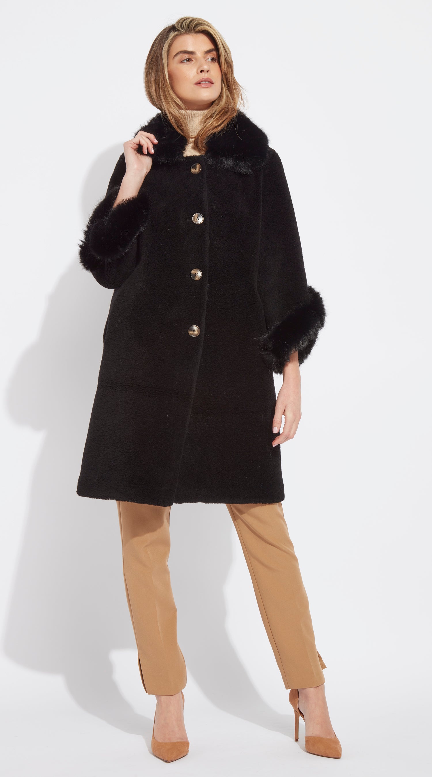 OUTLET Luxy Lambswool & Faux Fur Trimmed Coat - Black