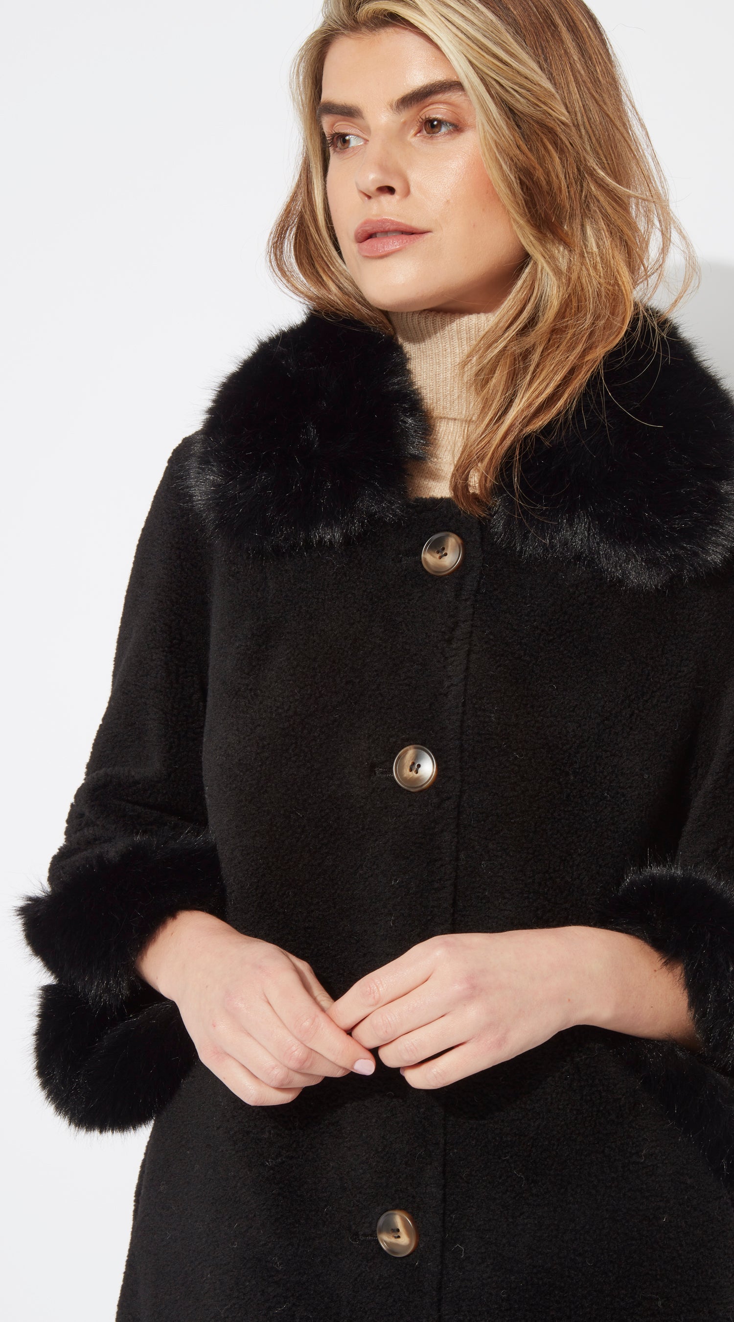 OUTLET Luxy Lambswool & Faux Fur Trimmed Coat - Black