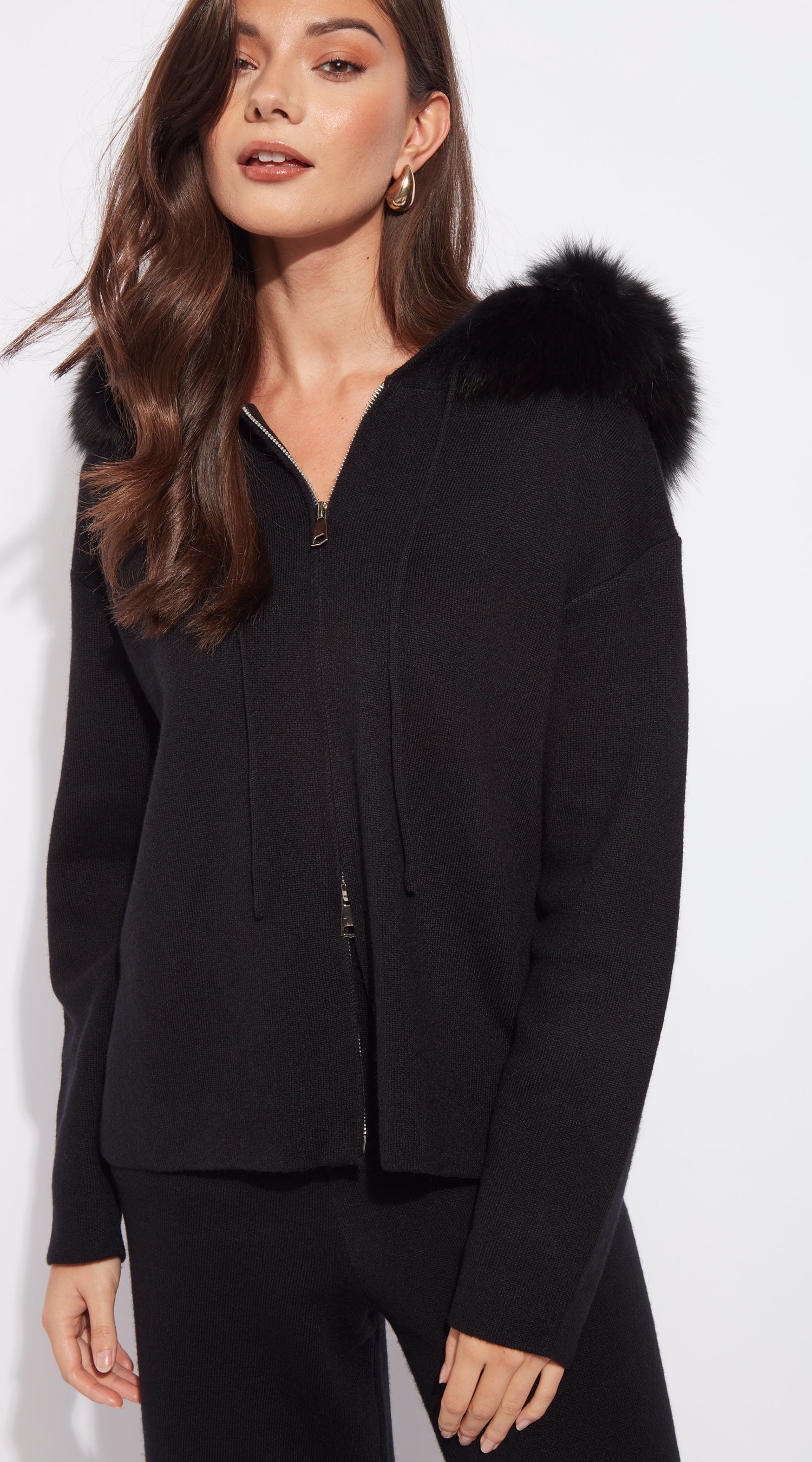 Luxy Knitted Zip Through Lounge Set - Black