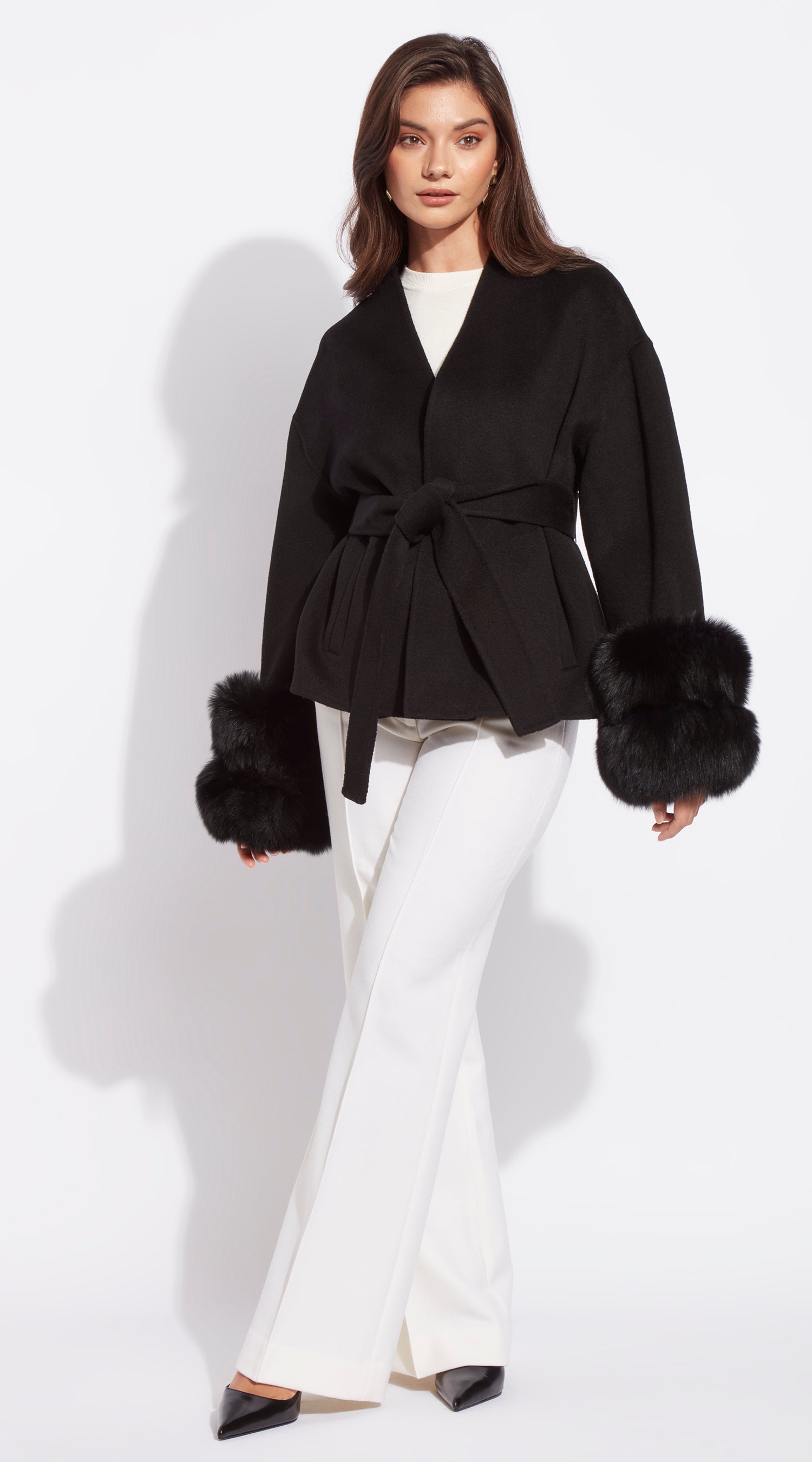 Cashmere Short Double Cuffed Robe Coat - Black