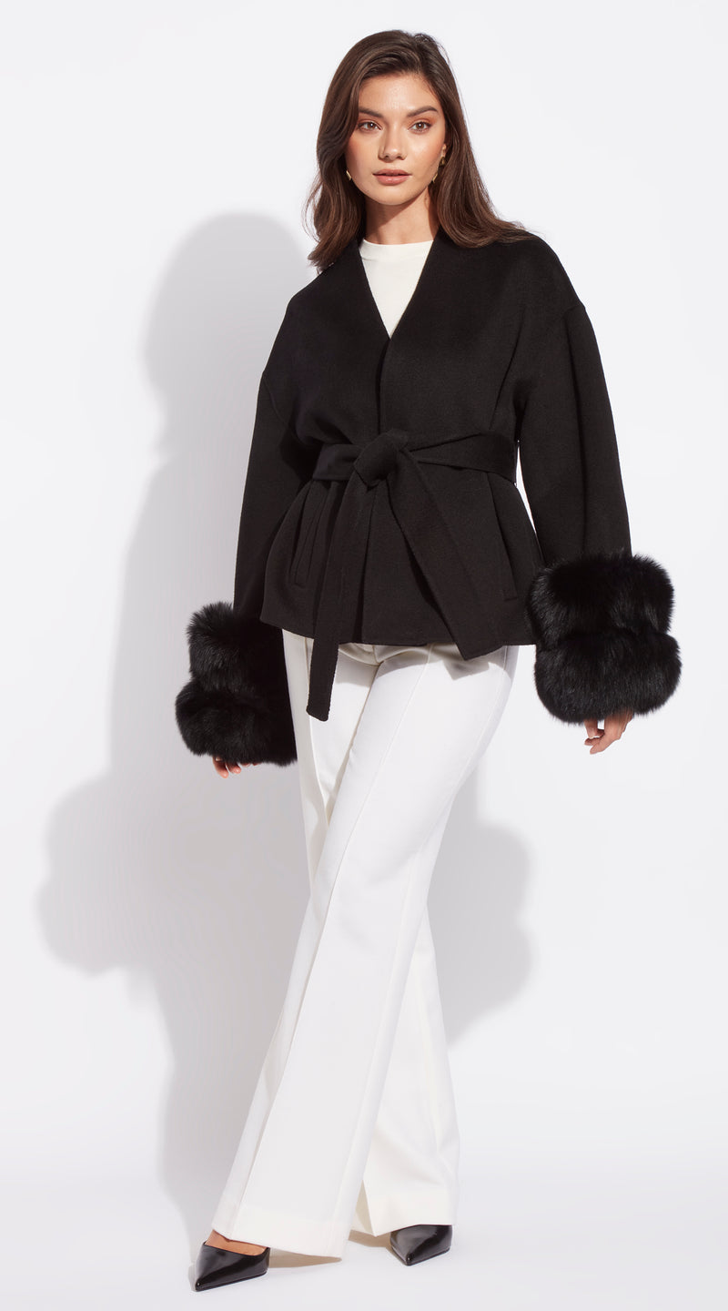 Cashmere Short Double Cuffed Robe Coat - Black