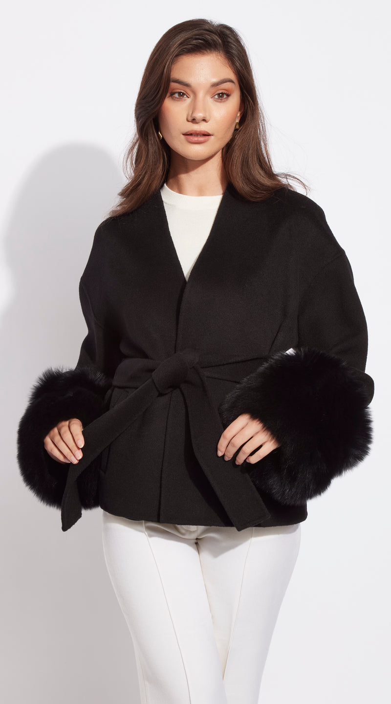 Cashmere Short Double Cuffed Robe Coat - Black