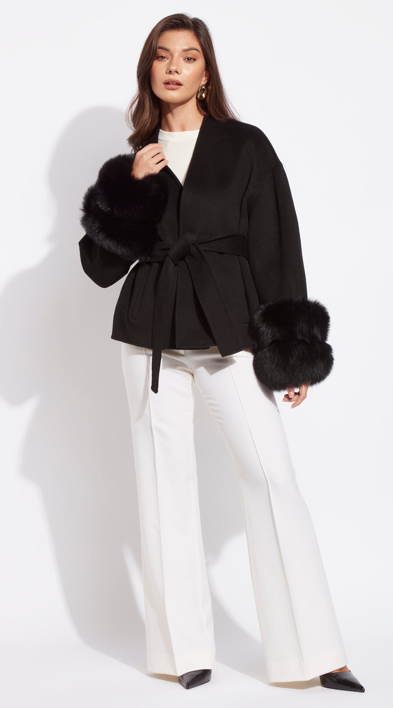 Cashmere Short Double Cuffed Robe Coat - Black