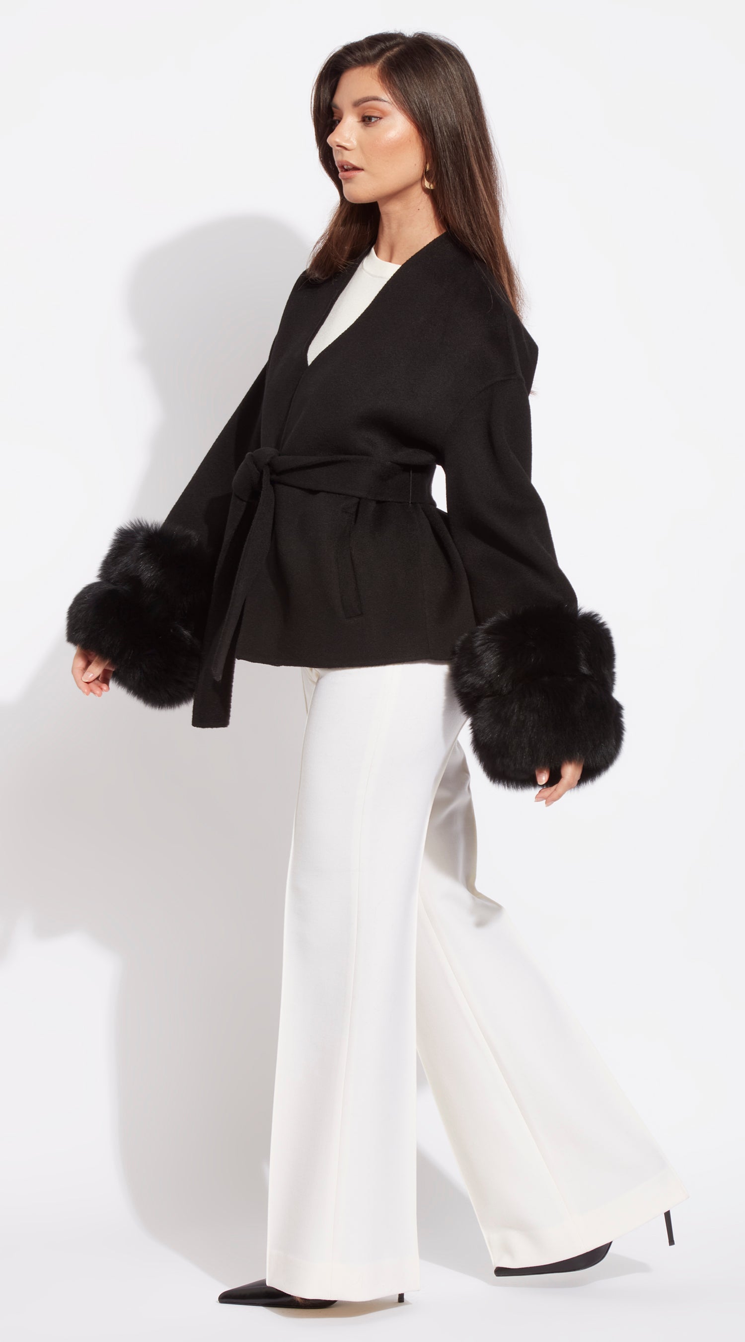 Cashmere Short Double Cuffed Robe Coat - Black