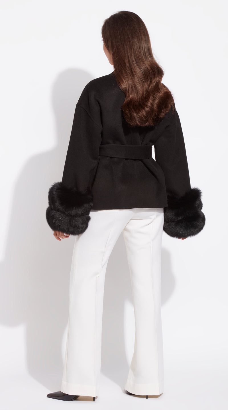 Cashmere Short Double Cuffed Robe Coat - Black