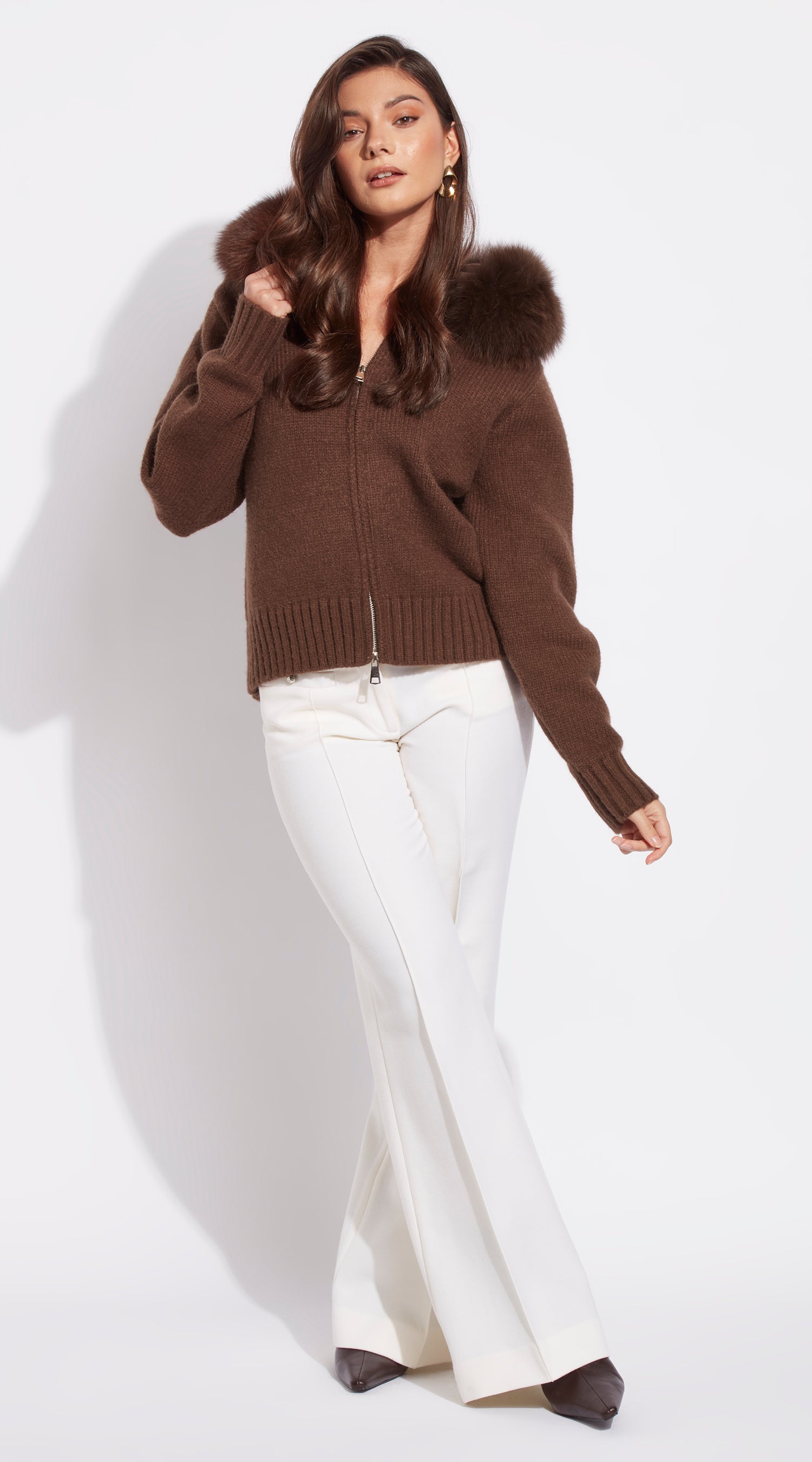 Luxy Knitted Zip Through Fur Hoodie - Brown