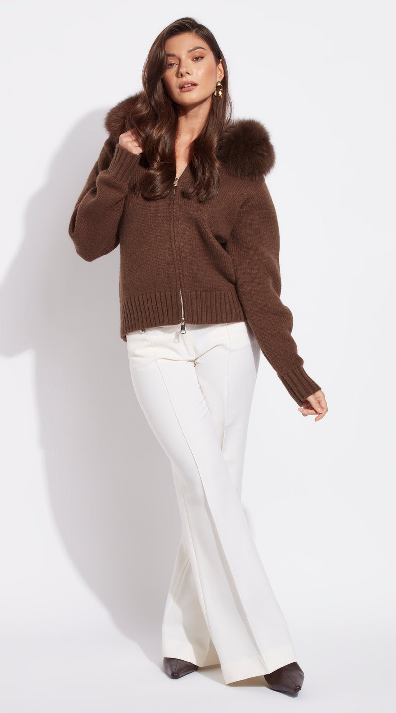 Luxy Knitted Zip Through Fur Hoodie - Brown