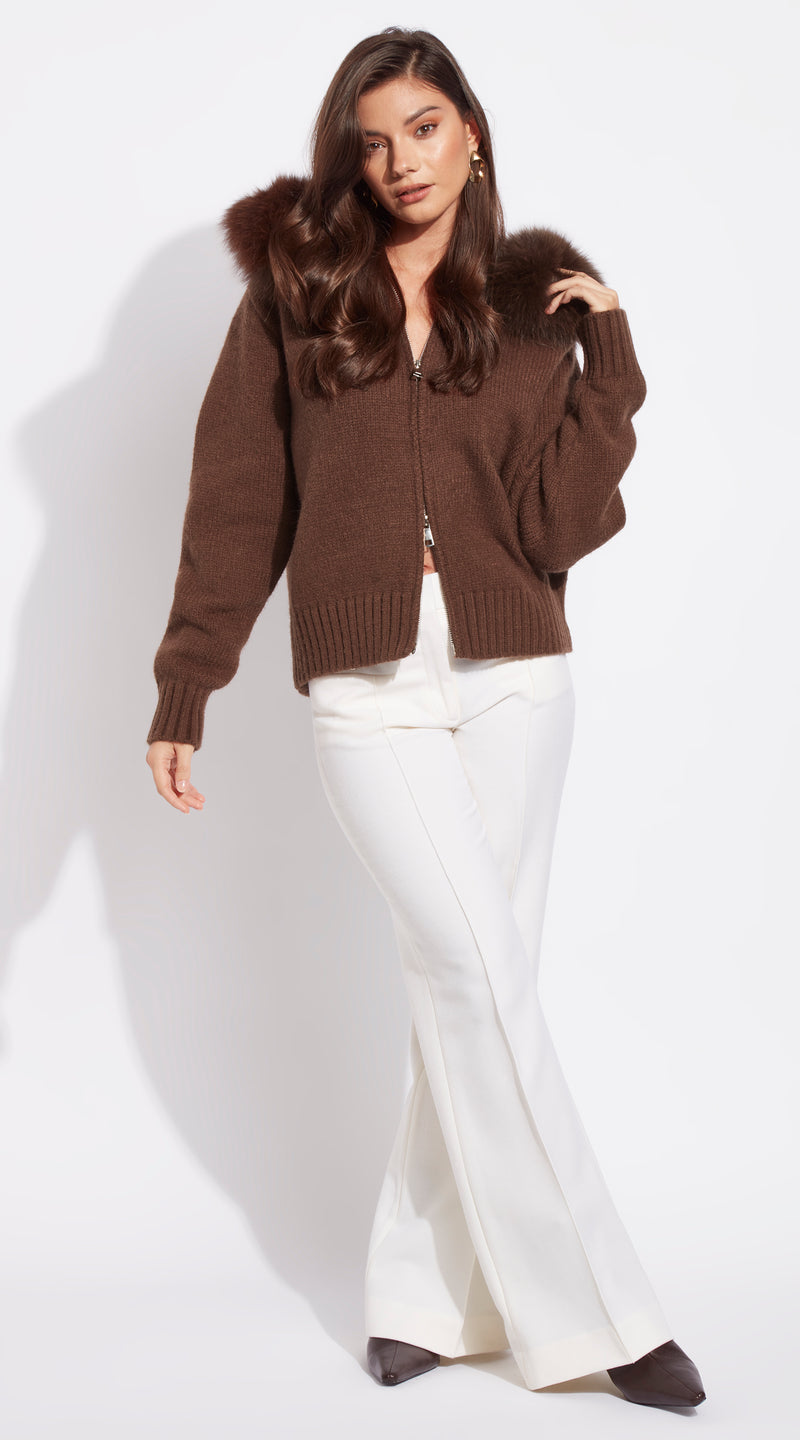 Luxy Knitted Zip Through Fur Hoodie - Brown