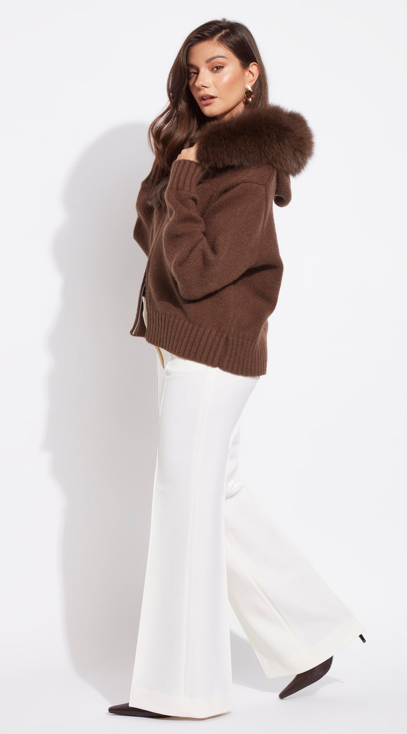 Luxy Knitted Zip Through Fur Hoodie - Brown