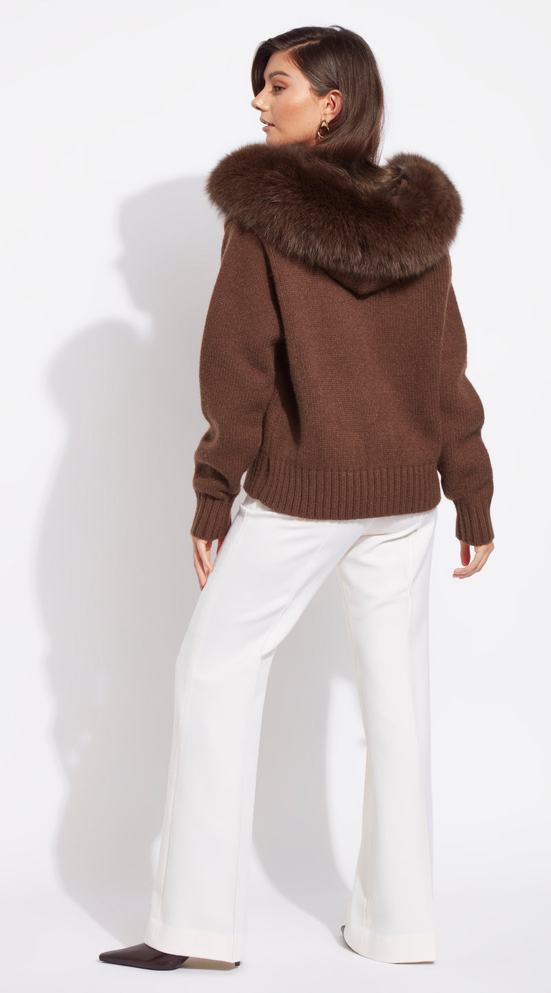 Luxy Knitted Zip Through Fur Hoodie - Brown