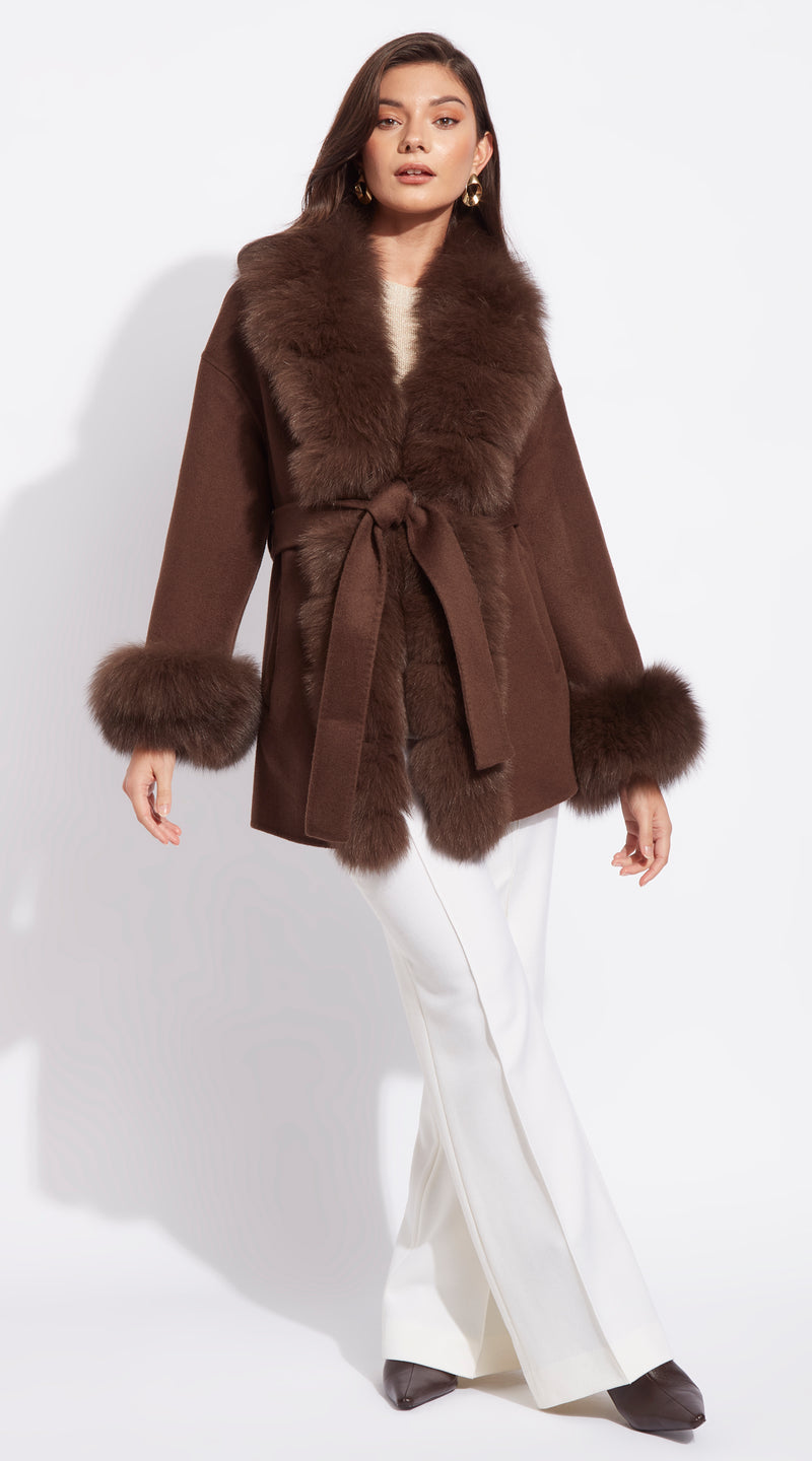 Cashmere & Fox Fur Belted Wrap Coat - Brown