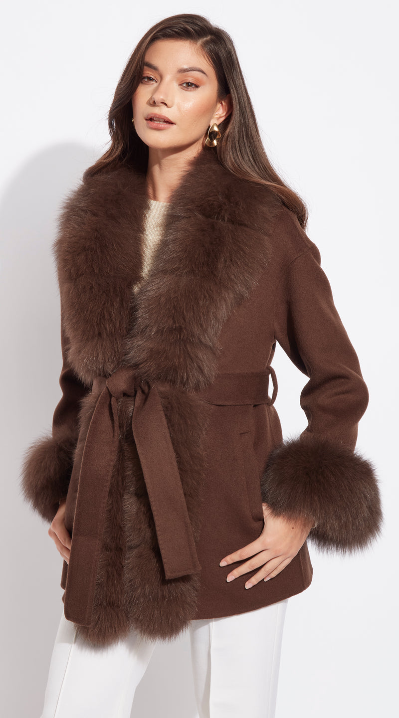 Cashmere & Fox Fur Belted Wrap Coat - Brown